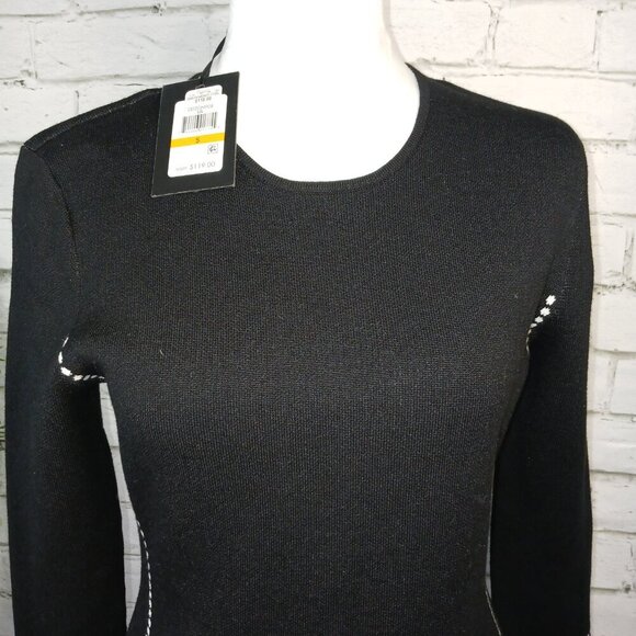 DKNY SWEATER SHEATH FITTED DRESS, BLACK WITH WHITE STITCHING, SIZE SMALL - Picture 9 of 10